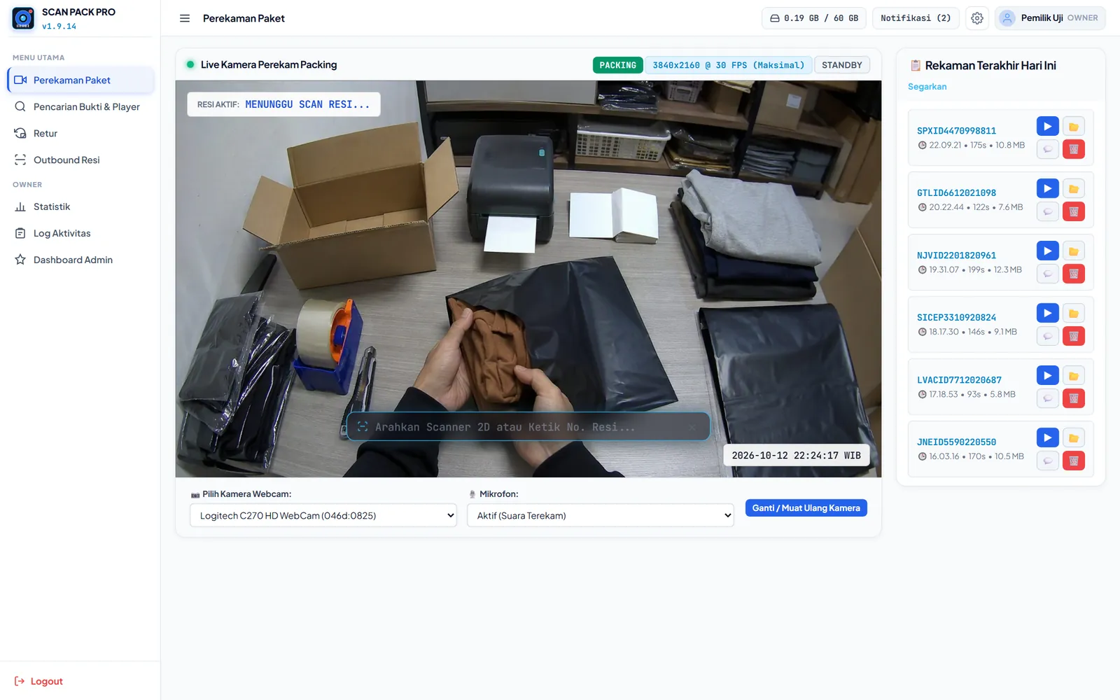 Menu Perekaman Paket dengan tampilan kamera langsung, pemilih webcam, dan daftar rekaman terakhir hari ini