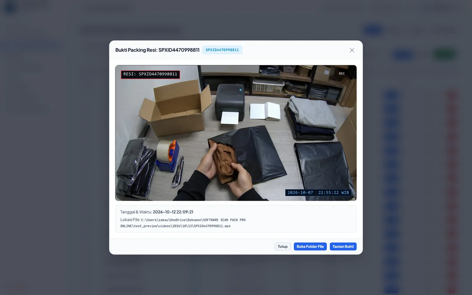 Pemutar video bukti dengan kontrol pemutaran dan tombol unduh