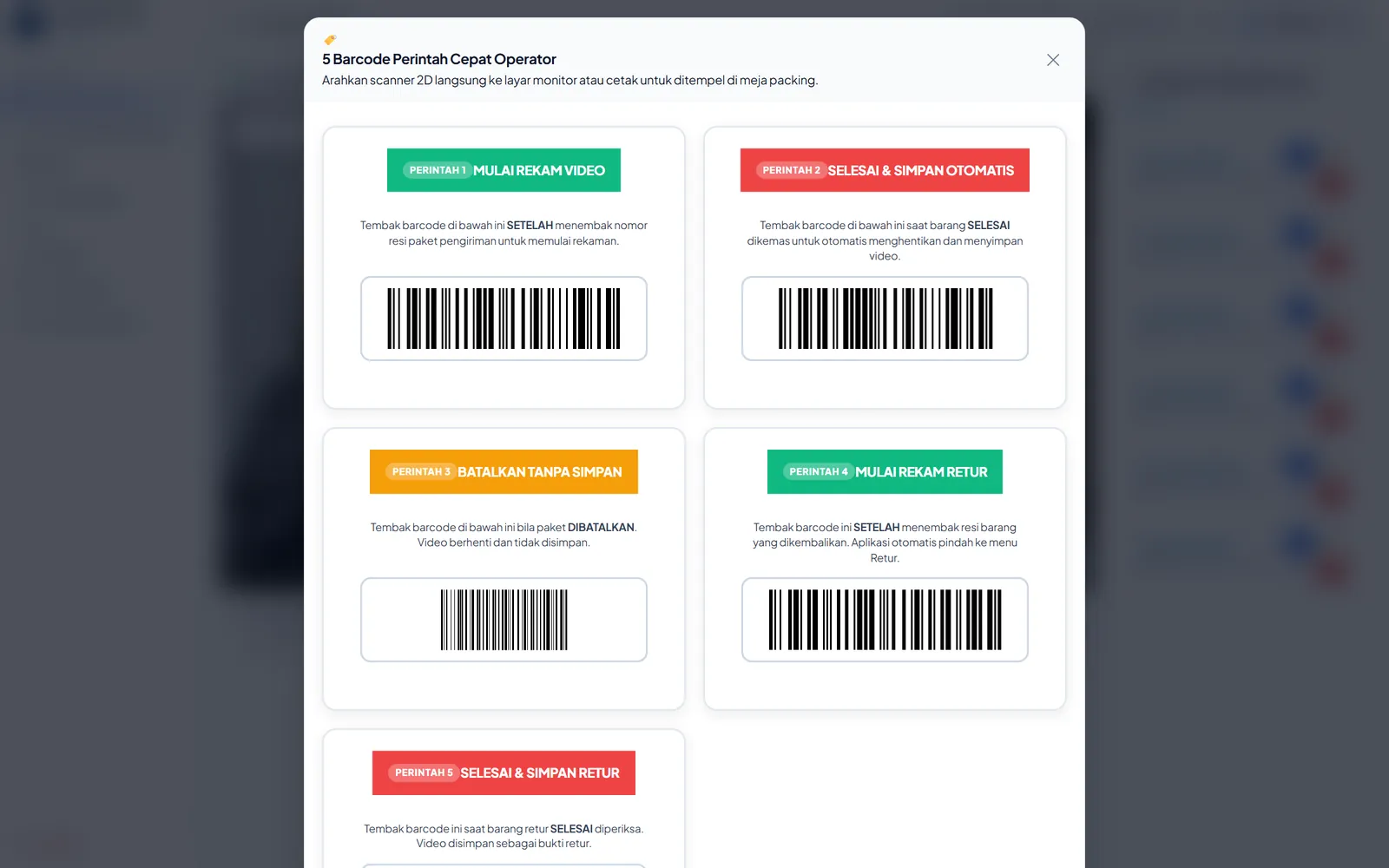 Dialog lima barcode perintah operator: mulai rekam, selesai dan simpan, batalkan, mulai rekam retur, selesai dan simpan retur