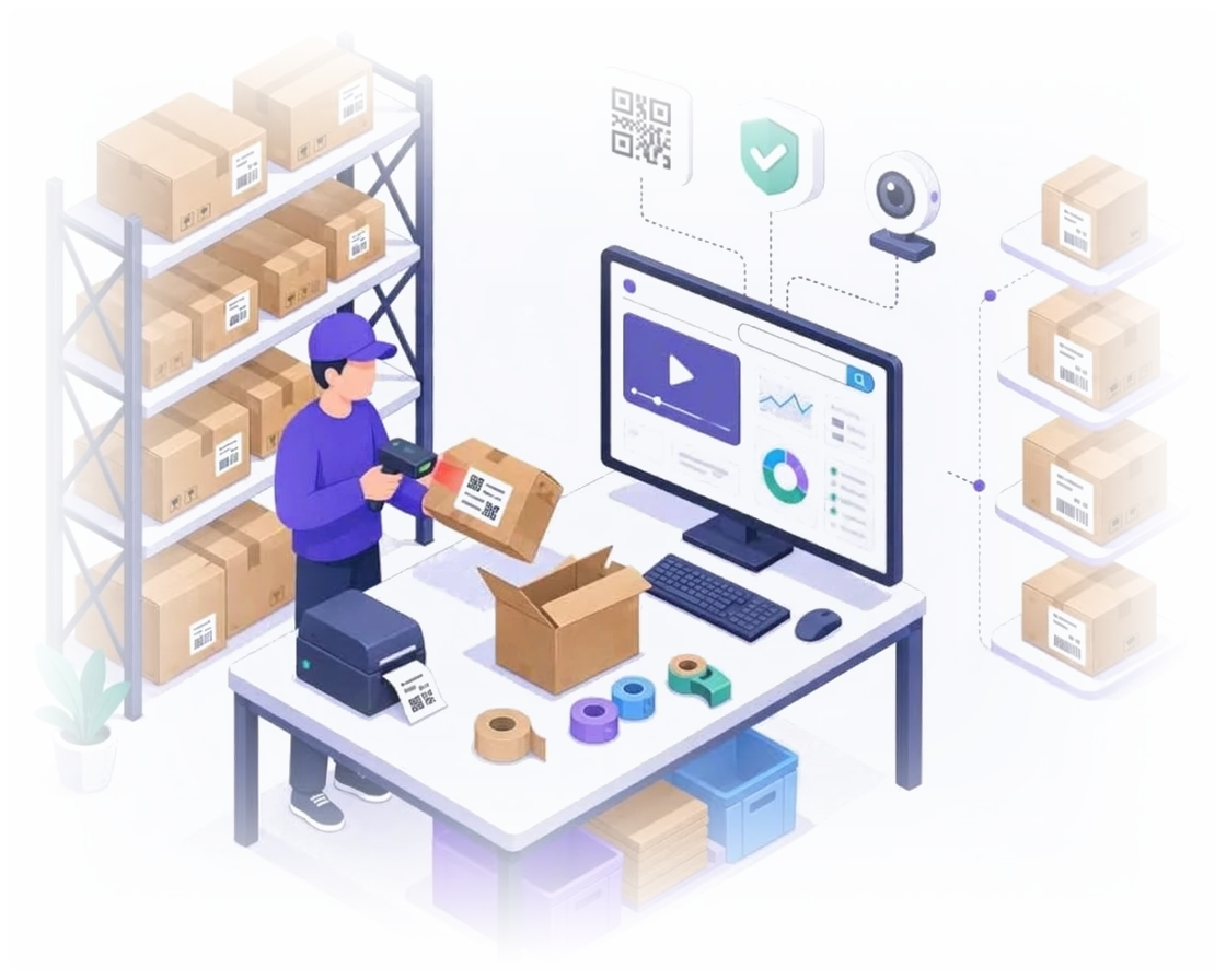 Ilustrasi gudang packing: satu operator memindai barcode resi di meja packing